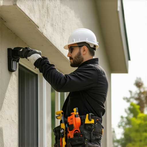 Technician inspecting house exterior with advanced tools
