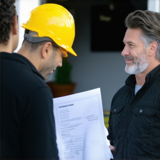 Contractor and homeowner reviewing project plans in a friendly, professional manner