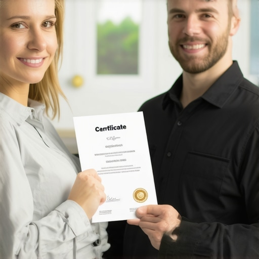 Service technician showing guarantee certificate to homeowner.