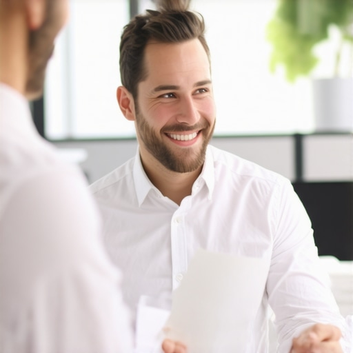 A professional service provider explaining guarantee policies to a satisfied customer in an office setting