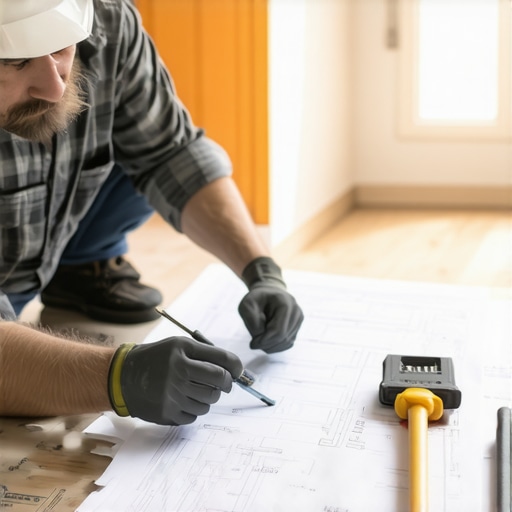 Contractor inspecting home renovation quality with tools and blueprints.