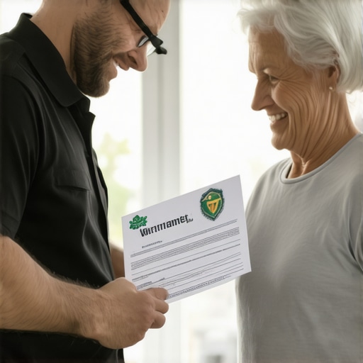 Technician handing warranty document to homeowner