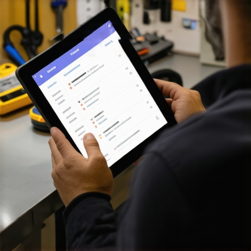 Person managing service checklists on a tablet with maintenance tools nearby.