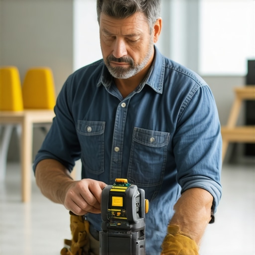 Home Maintenance Tools in Action Homeowner using laser measure and digital level for maintenance