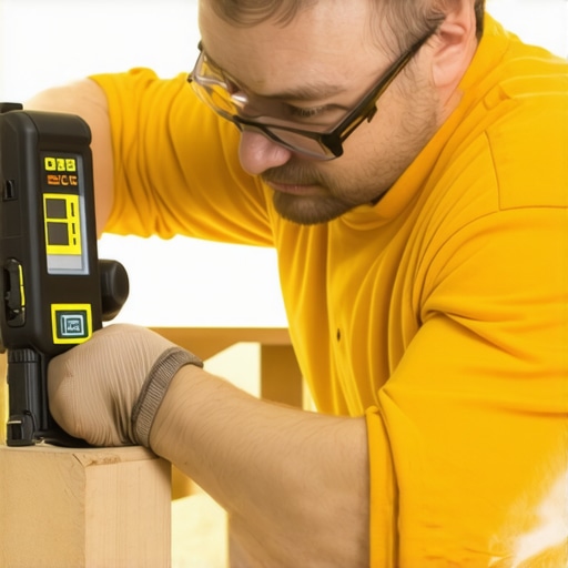 Technician measuring window frame with laser level and digital calipers