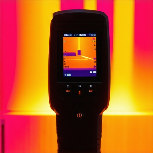 A thermal camera scanning a house exterior to detect insulation leaks and insulation gaps, used for building maintenance.