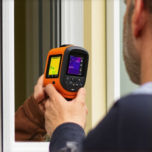 Technician uses thermal camera to check home window insulation