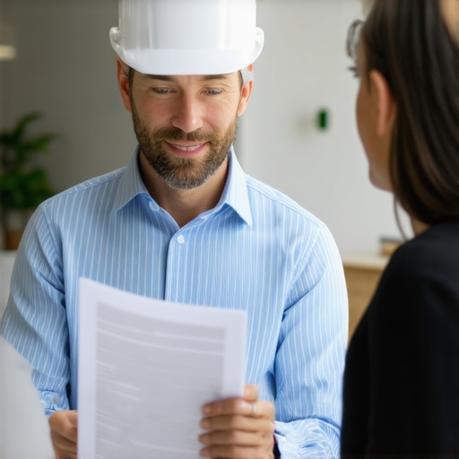 Contractor showing warranty documents to homeowner in house