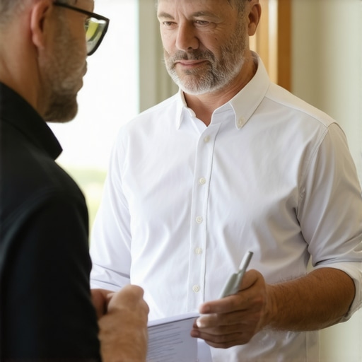 Contractor explaining warranty terms to homeowner with documents in hand.